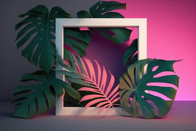 Palm tropic leaves with white frame and neon light