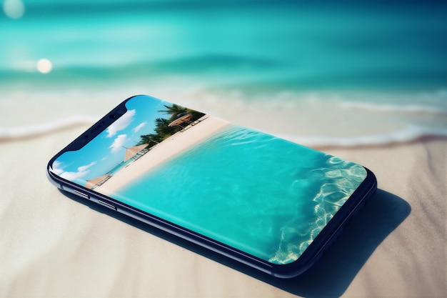 손바닥 위로 휴가 사이버 개념 창조적 바다 여름 전화 모래 모의 생성 AI