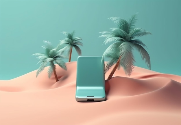 Palm vakantie cyber zee concept zomer telefoon zand omhoog mock creatieve generatieve AI