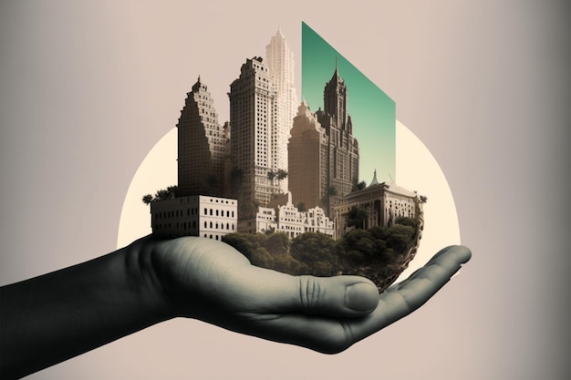 in the palm of your hand 3D city architecture Collage illustration