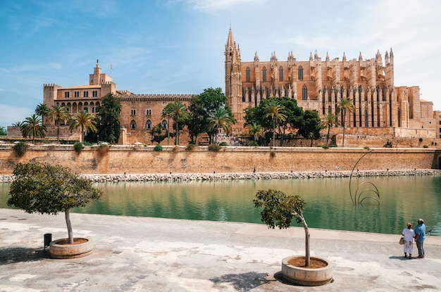 Photo palma cathedral and royal palace of la almudaina by river