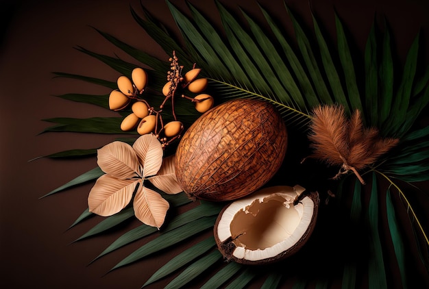 Palmblad en kokosnoten op een bruine achtergrond exotisch fruit