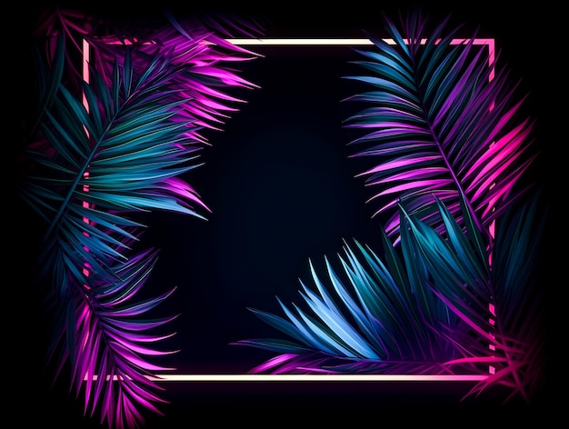 Foto palmblad met neonframe op donkere achtergrond