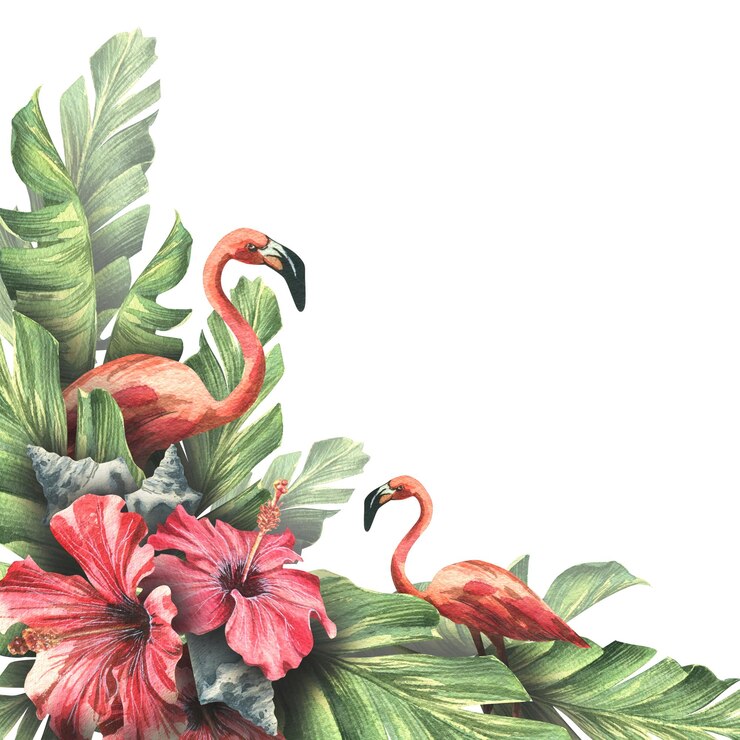 Foto palmbladeren met rode hibiscus bloemen roze flamingo's en schelpen aquarel illustratie samenstelling van een grote set cuba voor het decoreren en ontwerpen van prints stickers ansichtkaarten