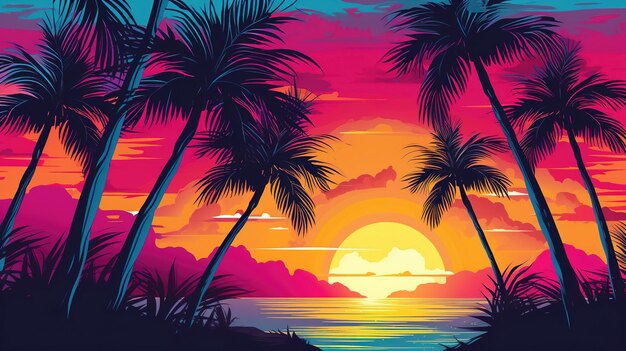 Palmbomen bij zonsondergang kleurrijke achtergrond