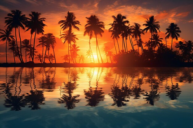 Foto palmbomen die tijdens de zonsondergang in een rustig water reflecteren