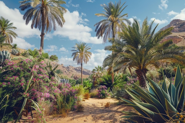 Palmbomen en bloemen langs een modderpad