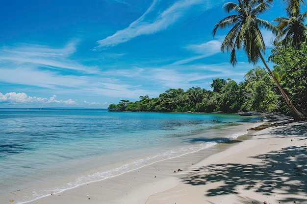 Palmbomen en helder water op een tropisch strand