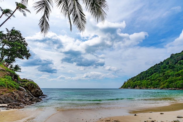 Palmbomen frame in de prachtige baai, landschap weergave Phuket reisbestemming