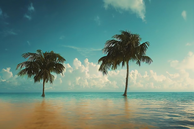 Palmbomen groeien aan de overstroomde oceaankust tegen de blauwe lucht