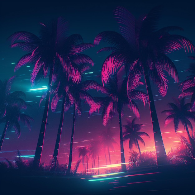 Palmbomen in een neonlandschap met een helder licht generatief ai
