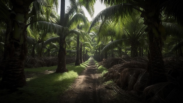 Palmbomen in een tropisch bos met een weg in het midden generatieve ai