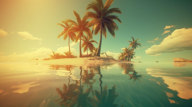 Palmbomen op een onbewoond eiland met een gele lucht en de zon die door de wolken schijnt.