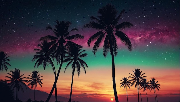 Palmbomen op een strand bij zonsondergang Palmbomen aan een strand bij zonondergang met een sterrenrijke nachtelijke hemel