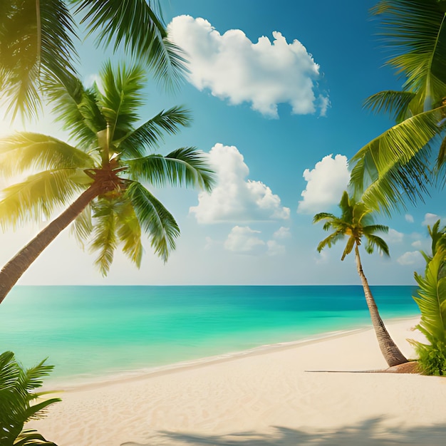 palmbomen op een strand met een blauwe hemel en wolken
