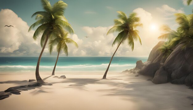 Foto palmbomen op een strand met een vogel die in de lucht vliegt