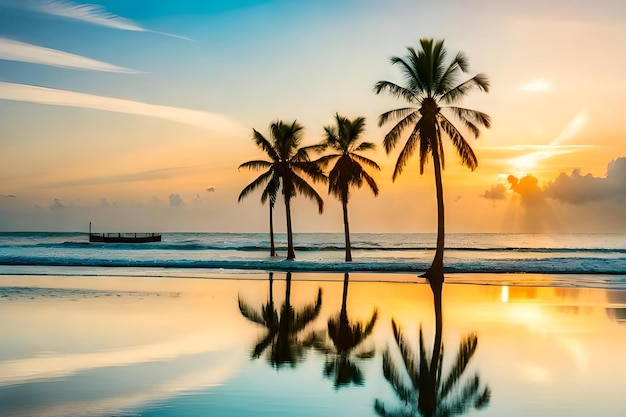 Palmbomen op het strand bij zonsondergang