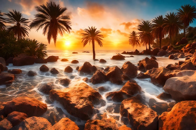 palmbomen op het strand bij zonsondergang