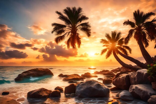 palmbomen op het strand met zonsondergang op de achtergrond