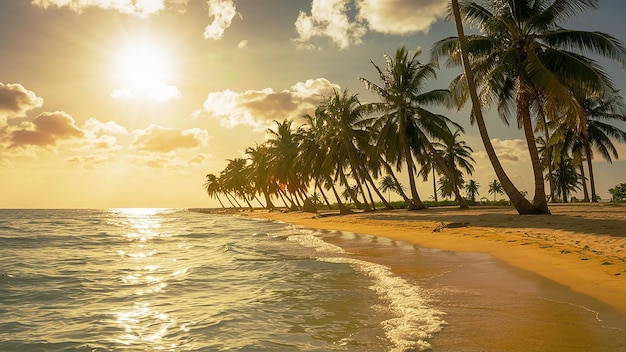 palmbomen op het strand voor een zonsondergang ai gegenereerd