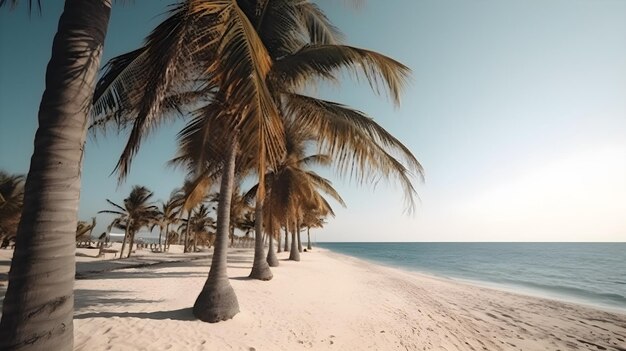 Palmbomen staan hoog op een serene zandstrand die in de warme straling van de zon wordt gebaderd