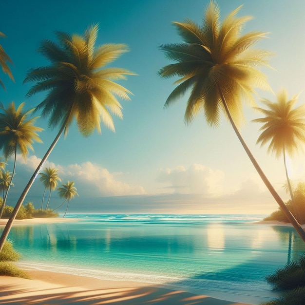 palmbomen staan voor een blauw water met een zonsondergang op de achtergrond