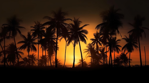 Foto palmbomensilhouetten op tropisch strand bij zonsondergang generatieve ai