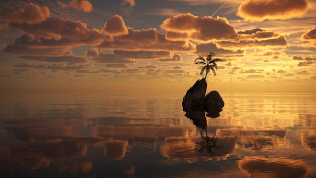 palmboom op een eiland midden in de oceaan, 3D illustratie, cg renderen