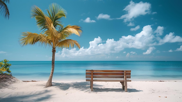 Palmboom op een strand met een bankje