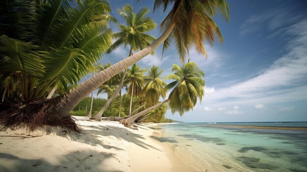Palmboom op een tropisch strand met blauwe lucht en witte wolken selectieve focus Generatieve AI
