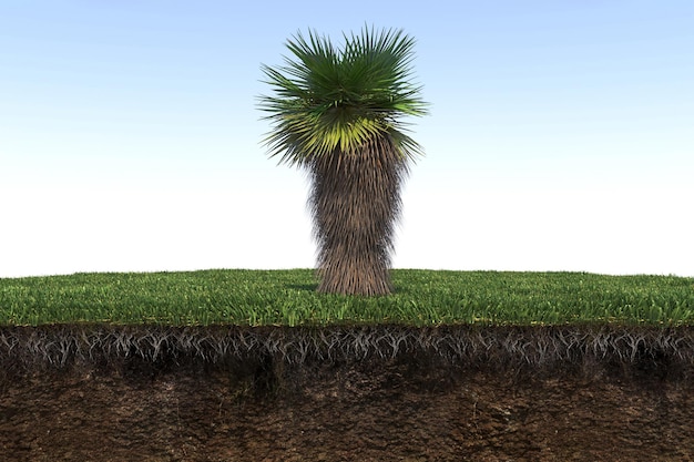 palmboom op het gras en een stukje grond eronder, 3d render