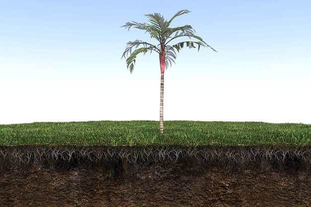 palmboom op het gras en een stukje grond eronder, 3d render