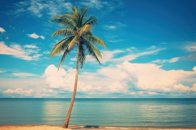 Palmboom op tropisch strand met blauwe lucht en witte wolken abstracte achtergrond kopie ruimte van de zomer