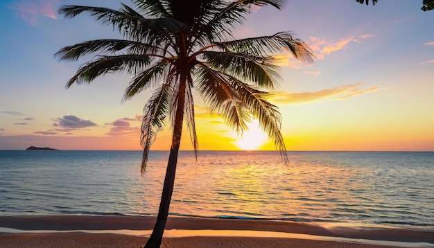 Palmboom op tropisch strand met blauwe lucht en witte wolken abstracte achtergrond