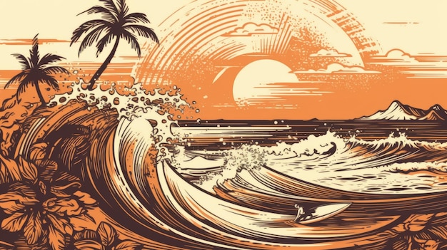 Palmier surfer sunset beach generative ai