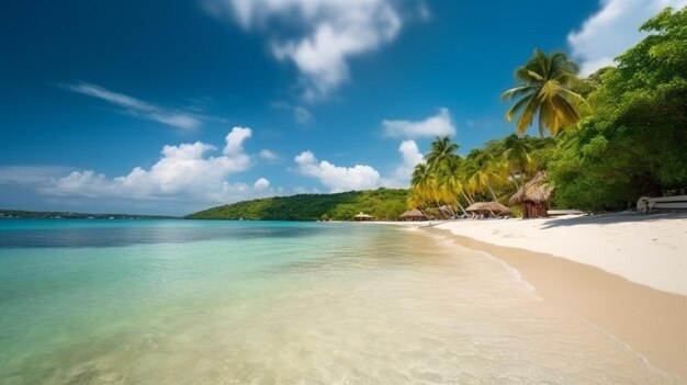 Palmlined beach and sparkling waves