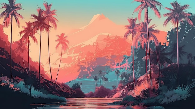 Palms and beach retro style Bright color Generative Ai