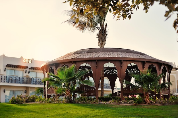 Palms and bungalow in hotel in Hurghada Egypt