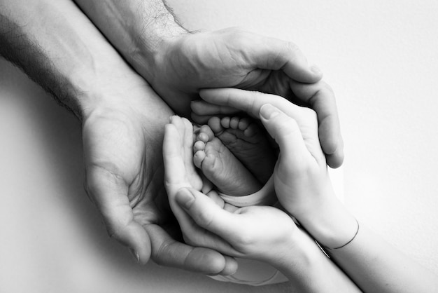 The palms of the father the mother are holding the foot of the newborn baby Feet of the newborn on the palms of the parents Studio photography of a child39s toes heels and feet Black white