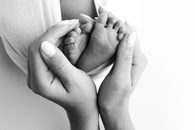 The palms of the father the mother are holding the foot of the newborn baby on white background Feet of the newborn on the palms of the parents Photography of a child's toes heels and feet
