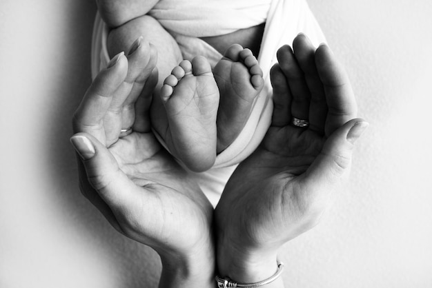 The palms of the mother are holding the foot of the newborn baby in a blanket Feet of the newborn on the palms of the parents Studio macro photo of a child39s toes heels and feet Black and white