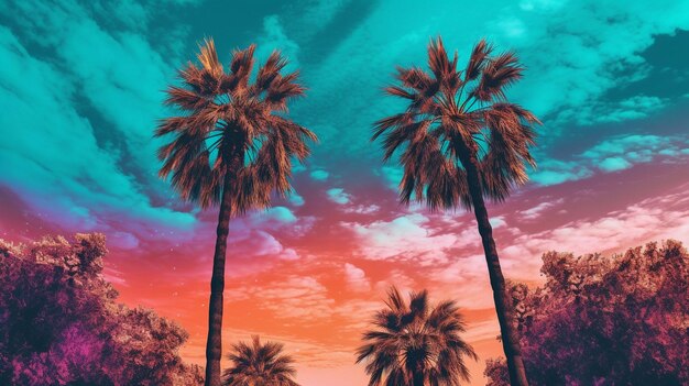 Palms and summer sunset sky