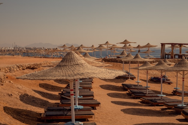 Palmsteeg op Egyptisch strand, vuurtoren en uitzicht op de Rode Zee. Egypte