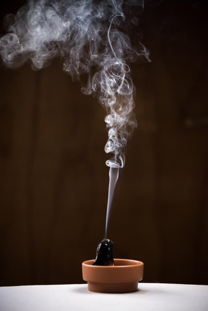 Palo santo lit inside a brown ceramic bowl concept of harmony