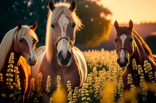 Лошади Паломино стоят цветы Генеративный ИИ