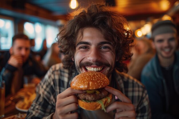 Foto amici che si godono birra e hamburger in un bar generative ai