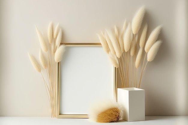 Pampas or Cortaderia grass on an ivory background a top view with a flower frame and copy space Free space for text or merchandise