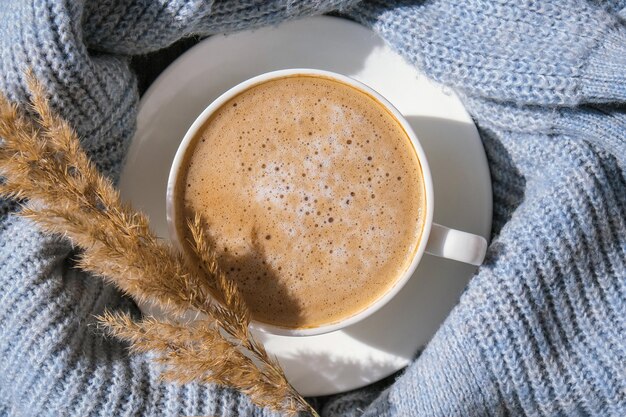 写真 パンパスの草と白いカップと青いセーターのコーヒーで朝の朝食でカプチーノを飲んでいます