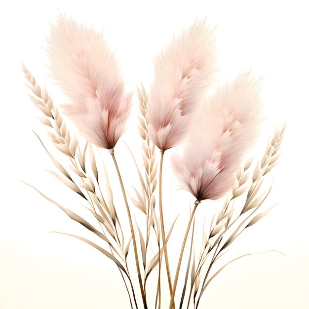 Pampas grass collection on white background Cortaderia selloana Botanical boho Floral elements