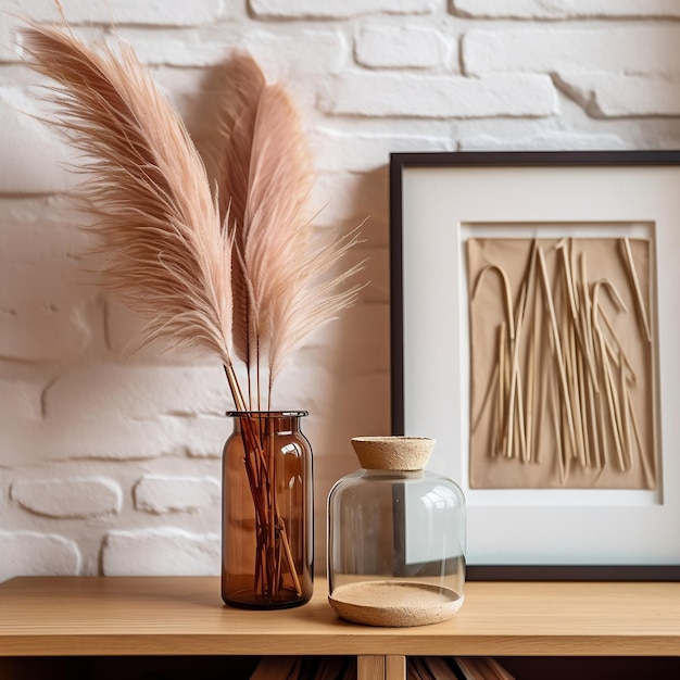 Pampas Grass in Glass Jar Vase on Wooden Table Generative AI